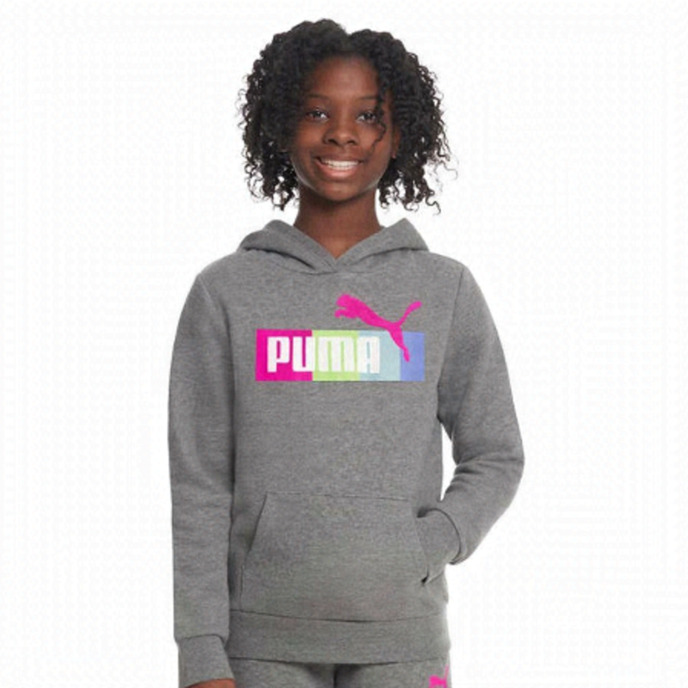 PUMA Girls Fleece Hoodie size L 14-16 Grey Logo Pullover Sweatshirt NWT